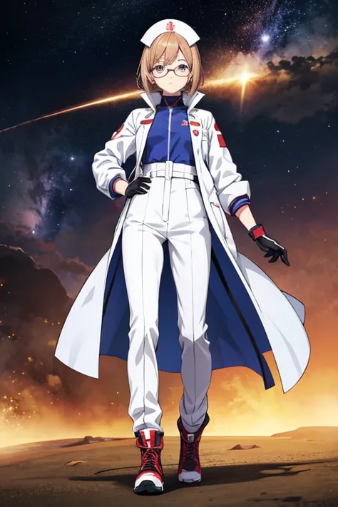 Anime Art、Full body portrait、Space SF nurse、A woman, about 160cm tall, about 28 years old, wearing a white coat and long pants, standing upright with her index finger pointed、Short bronze hair、Angry with mouth open、Flat chest、Glasses、gloves、sports boots、Nu...