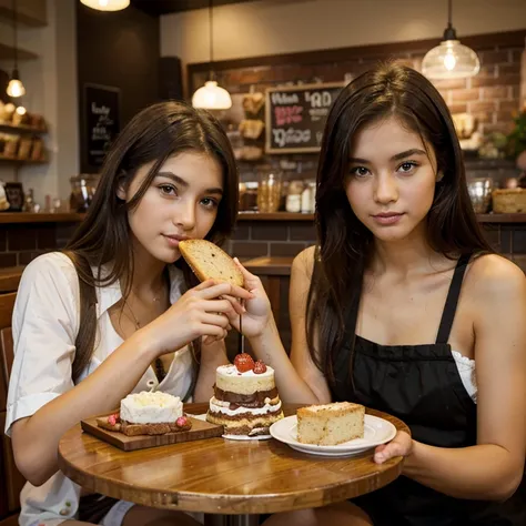 Young girls modeling eating cake and bread in coffeeshop. 