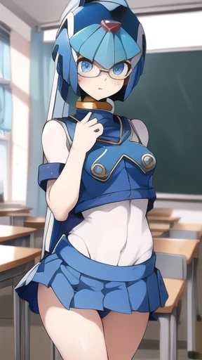 Leviathan Megaman 1 girl, looking at viewer, blue hair, Blue eyes,classroom background, Blushed, glasses, classroom clothes, no panties under skirt