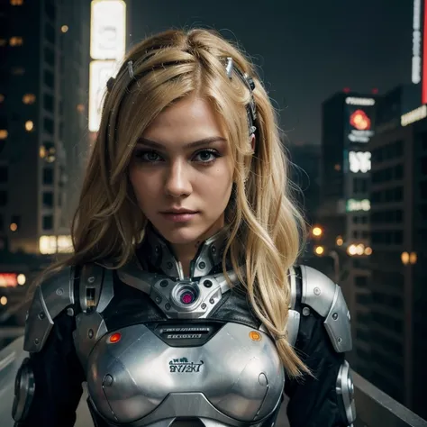 ((best quality)), ((masterpiece)), (detailed),  blonde wavey hair, robot, cyborg, cyberpunk costume