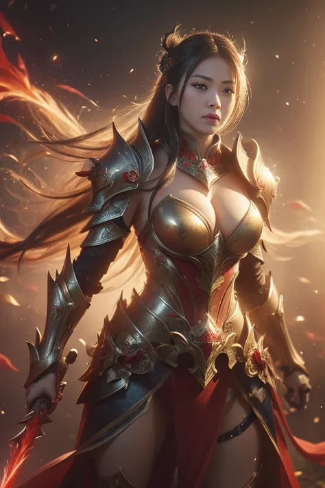 (((Realistic, masterpiece, best quality photography, crisp detail, high definition, high detail, sharp focus, perfect studio lightning))), 17 years old girl wearing heavy golden armor, chinese style armor, full body armor, full decorated armor, damaged arm...