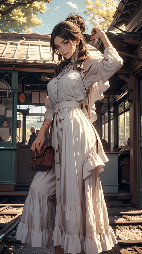 Claude Monet、Sun＝Lazare Station：Train Arrival、1877、Lady&#39;s high waist skirt、White woman in vest and high-neck ribbon blouse、Silver Hair、blue eyes、Wavy hair、Smile