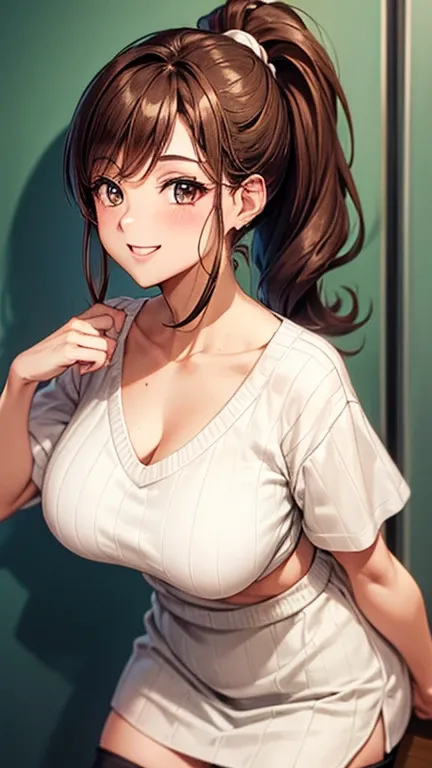 1 female,30 years old,brown hair,beautiful low ponytail hairstyle, (miniskirt and large white v-neck sweater, (double huge breasted:1.80,under bust:1), short sleeve, natural smile,,(slouch)