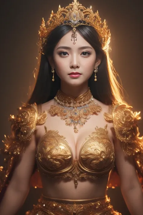 A meditation Goddes, detailed Thailand girl face, (extremely detailed intricate mechanical tiara :1.2), made from gold, (reflection:1.1),  bright skins, (spread arms), intricate detail, best quality, natural lighting, light splashing from behind,  long bla...