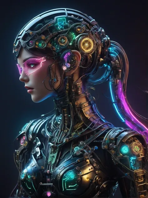 beautiful female mecha, translucent mech, iridescent neon color wiring diagram and leds all over face and body, photo frames and...