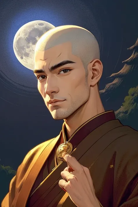 ((Top quality)), ((Masterpiece)), (Illustration) Beautiful man is a monk in Japan, beautiful eyes, shaved head, moon ring, worshiping figure, bodhisattva