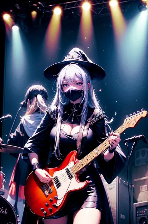 A three-woman metal band dressed in witch costumes、Arrived in Japan and held a mass at a live venue、Neck slashing pose、The intense performance was a huge success、Metal band performance、Fearless expression、Live venue lighting、The band&#39;s concept was a re...