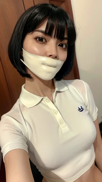 1 woman, white polo shirt , wavy bob cut hair, malay, black eyes, 23 year old, Best Quality, selfie, gagged