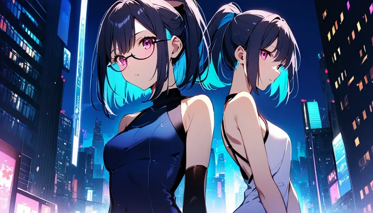 (best quality, 4k),((one girl, skinny body,  size, short hair, high ponytail hairstyle, dark blue outer hair, (cyan inner hair), pink eyes, wears contact glasses)). (city nights background) 