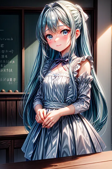 flat chest,masterpiece, best quality, extremely detailed, (illustration, official art:1.1), 1 girl ,(((( light blue long hair)))), light blue hair, , blunt bangs,10 years old, long hair ((blush)) , cute face, big eyes, masterpiece, best quality,(((((a very...