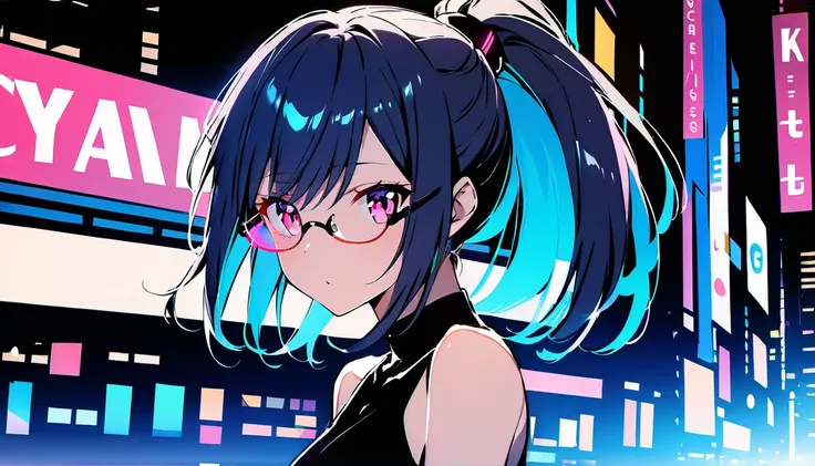 (best quality, 4k),((one girl, skinny body,  size, short hair, high ponytail hairstyle, dark blue outer hair, (cyan inner hair), pink eyes, wears contact glasses)). (city nights background) 