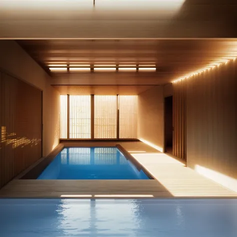 There is a pool in the middle of the room with a wooden ceiling., inspired By Peter Zumthor, ryohji hase, By Peter Zumthor, John Pawson, Luxury hot spring, Inspired by Tadao Ando, Kano Tanyou, Japan. Volumetric lighting, Inspired by David Chipperfield