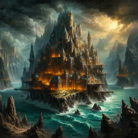 a painting of a castle on a cliff overlooking the ocean, symmetrical epische Fantasy-Kunst, Fantasy-Epos, digitale Kunst, epische Fantasie digitale Kunst, epische Fantasy-Kunstwork, dunkle Fantasiestadt, die Stadt Atlantis, detaillierte Fantasie digitale K...