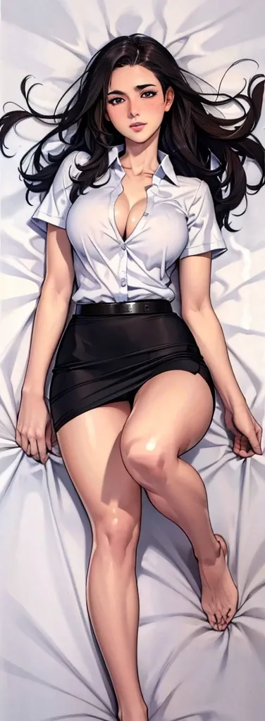 anatomically correct, masterpiece, best quality, 8k, textured skin, depth of field, full body lying pose,1girl 20 years old, light Brunette hair, blush, oral invitation, mahalaiuniform, white shirt short sleeves, belt, black pencil skirt, cleavage, large b...