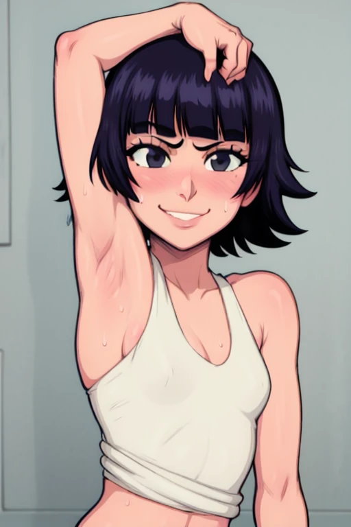 masterpiece, best quality, soifon, looking at viewer, very small breasts, upper body, portrait, looking at viewer, seductive smile,put your hands behind your head, armpits, armpits visible, sweaty armpits,short hair, black hair, wearing white tanktop with ...