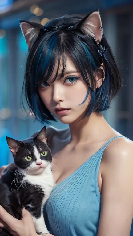 (Emo art:1.6)masterpiece, 4K, Bokeh, Beautiful Face, (Multiple Girls:1.4), Harem, (Group photo:1.2), (Cat ear:1.3), (blue medium bob hair:1.4), (Blue Theme:1.6), Looking at the audience, (Blue rose:1.4), (Blue cafe background:1.5), (Upper Body Shot:1.4)