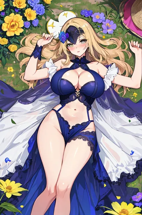 A woman with big ，Gorgeous woman，Mature(())，Long blond hair，Exquisite，Cleavage，Lace Eye Mask，Transparent nightdress，Slim waist，Showing belly，Smooth legs，blush，Lying in the flowers，Colorful flowers，