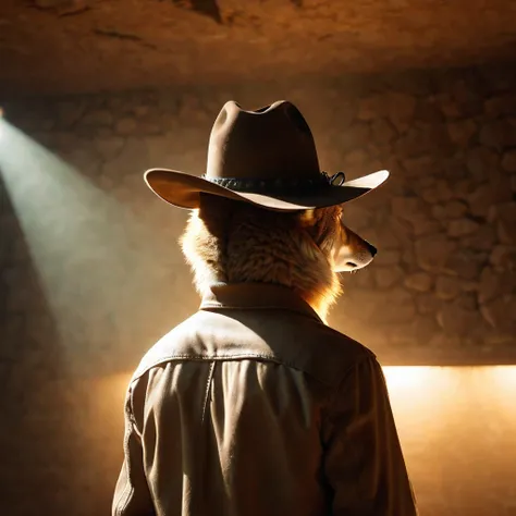 (coyote wearing a cowboy hat), [facing away], coyote head,anthro, Masterpiece, cinematic light, atmospheric lighting, subsurface scattering,