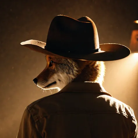 (coyote wearing a cowboy hat), [facing away], coyote head,anthro, Masterpiece, cinematic light, atmospheric lighting, subsurface scattering,