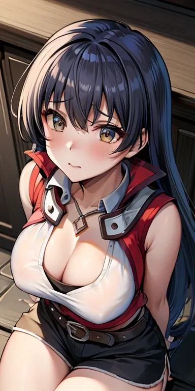 masterpiece, best quality, ultra-detailed, illustration,masterpiece, Best quality, high resolution, high resolution, masterpiece, best quality, highres, hmrei, long hair, red jacket, collared shirt, yellow shirt, sleeveless, belt, black shorts, big breasts...