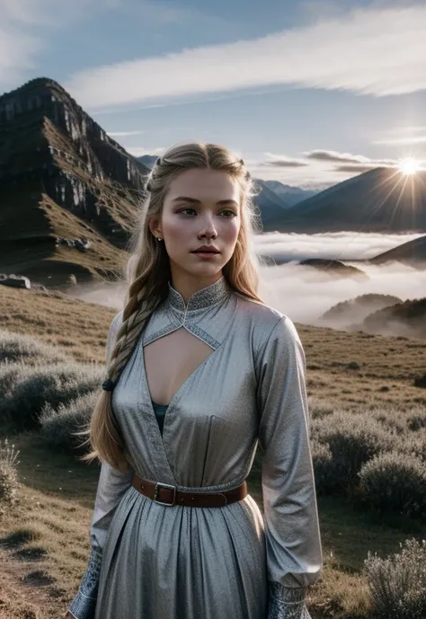  full body image, 35mm film, grain, 1950s camera, a war princess, 25 year old beautiful woman with blonde hair and cultural face paint wearing cloth armor, intricate, elegant, urban fantasy, bright grey eyes standing next to a beautiful foggy mountain view...