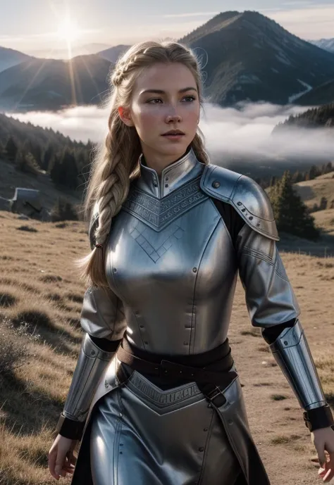  full body image, 35mm film, grain, 1950s camera, a war princess, 25 year old beautiful woman with blonde hair and cultural face paint wearing cloth armor, intricate, elegant, urban fantasy, bright grey eyes standing next to a beautiful foggy mountain view...