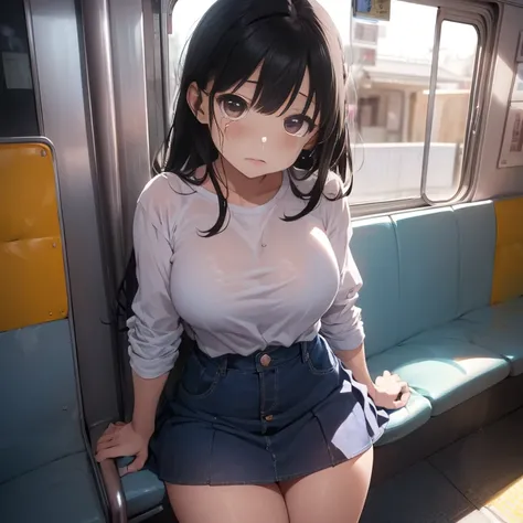 8k, High resolution, Highly detailed face, Ultra-detailed eye masterpiece, highest quality,Large Breasts、Heavy breathing:1.5、Thighs、A short girl with a beautiful face、Thighs、(pumps)、(12 year old girl), Browsing Caution、(Cum on ass:1.8, Cum on denim skirt:1...