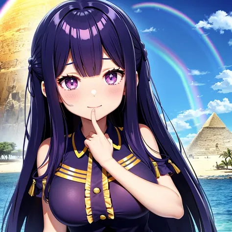 A rainbow hangs over the blue sky,Cleopatra,Egypt,pyramid,Interested々,Dacchuno,cute,Ai Fukuhara,Purple long hair,Purple clothes,Large breasts