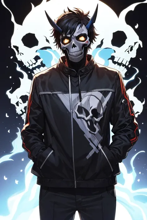 ((1guy)), perfect face, ghost rider, black hair, short hair, brown eyes, blue flames, ((dark background)), ((facing forward)), cowboy shot, ((skull mask)), in the center, (()), ((standing)), ((hands in pockets)), ((perfect hands, correct number of fingers)...