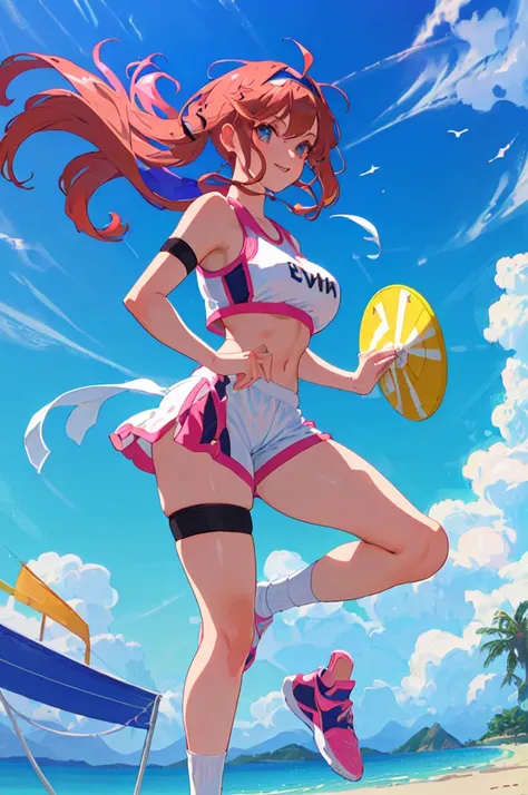 imagined a girl in extreme sport outfit playing to a flying disc game in a beach arena game sport, masterpiece, ultra-detailed, 80s anime (style), 2D, megapixel, perfectionism, full HD , 4K, (windjammers), windjammers sport game, windjammers 2 (((((solo ma...