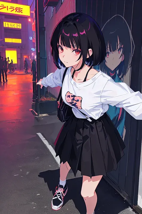 anime character Sukeban delinquent girl  standing on a city street corner in black seifuku with black very long skirt, anime style. 8k, anime style mixed with fujifilm, retro anime girl, anime styled digital art, in tokyo, anime style illustration, anime s...