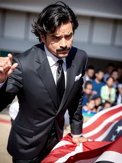 (highres,realistic) A man with mustache,(detailed eyes and face),(confident expression),(black curly hair), wearing (black suit and tie), stands tall in the middle of (a crowded stadion). The (bright sunlight) shines on his face, emphasizing his sharp feat...