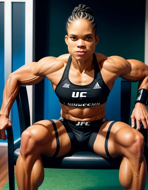 amandanunes, sitting on chair , muscle fitness body, looking on viewer 