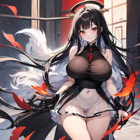 Expressive eyes, (((1 girl))), ((anime)), (Black Hair, ), ((Red eyes))，(Half closed eyes), ((very Big Breasts)), ((Firm breasts)),   ((Exposed thighs)),((goddess，Angel))((Black Dress，See-through)), ((Big Breasts，and ass)), ((Blunt bangs)), ((white, Race)),...