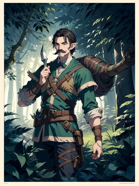 A man with mustache, elf, in the middle of dark forest, crossbow, adventurer,hunter