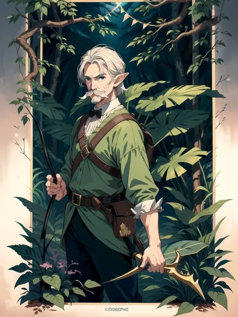 A man with mustache, elf, in the middle of dark forest, crossbow, adventurer,hunter