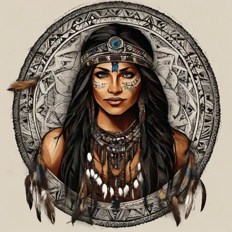 Half Cherokee Indian, Half Irish , Beautiful Woman, black long hair,  bold blue eyes , surround by indian artifacts and items, dream catchers,  arrow heads , colorful,  detailed,  depth, artistic 