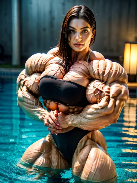 girl walking by the pool, (naked:1.25)、((Muscular bodybuilder girl:1.48))、Thick arms with sculpted muscles:1.3、huge breasts:1.3、most beautiful Asian girl ever、(long black hair:1.25)、full body asian, long legs, soaked in water, (Raw photo:1.2), (Photo-reali...