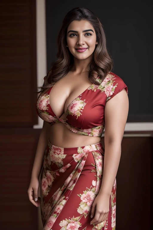 20yo  in school school photo in school masterpiece, (photorealistic:1.4), best quality, beautiful lighting,Eleanor indian Woman 30yo Old ,Big Breasts Plus Size Model lipstick Bun lHair Bun Hair Hair Lifts Skirt Up Raised Skirt, wearing Sexy red Floral Prin...