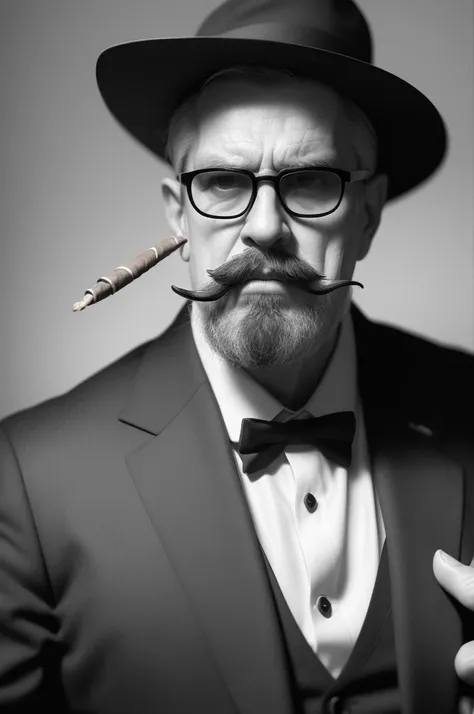 (best quality,4k,8k,highres,masterpiece:1.2),realistic,portrait,vivid colors,mysterious lighting,medium:charcoal sketch,man with mustache,cigarate,mafia,black glasses,sharp focus,stern expression,dark background,confident stance,casual suit,smoke rising fr...