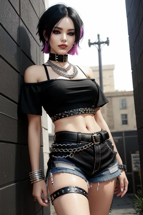 ((masterpiece, best quality)),smirk,smug,edgquality
edgpshorts, a woman in a black top and shorts  with chains on her waist , we...