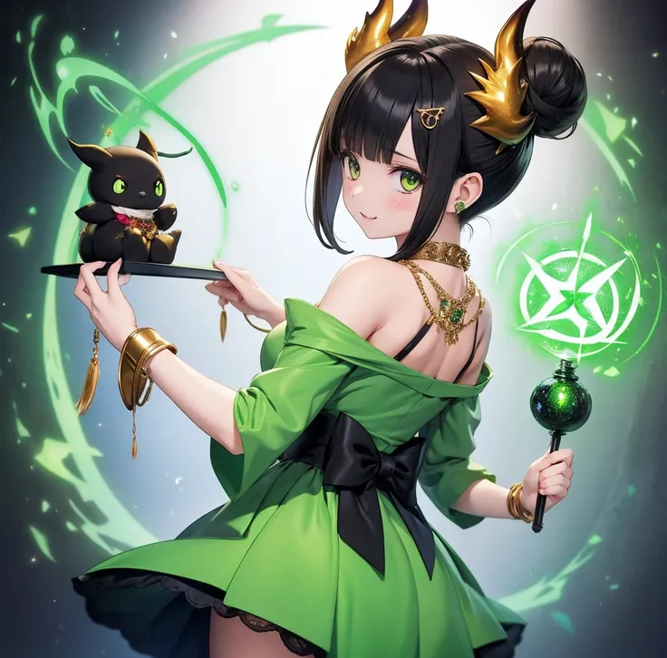 girl wearing green masic dress,(Casting a Spell:1.5)、、,Black Hair、girl、Bun Hair、hair ornaments、necklace、back、Devil horns、Anatomically correct