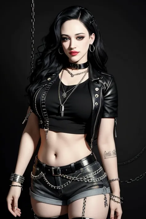 kat dennings, ((masterpiece, best quality)),smirk,smug,edgquality
edgpshorts, a woman in a black top and shorts  with chains on ...