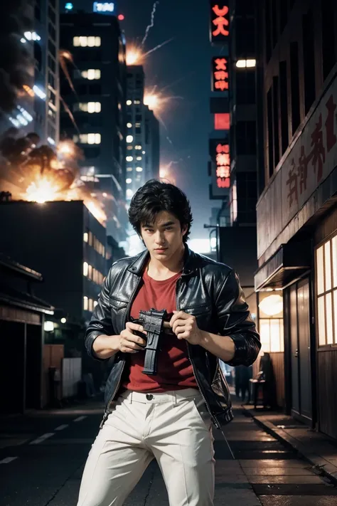 (saeba ryo city hunter )  wearing underwear, holding a gun, the building is exploding.