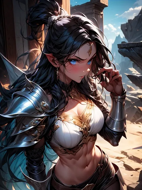 absurderes ,1 girl,serious,black hair,worried woman ,wolf ears,blue eyes,leather armor,abs,muscular,silver gauntlet ,leather wai...