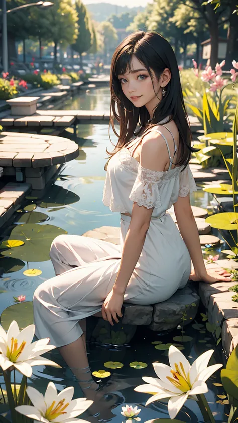 Lily Pond、A young lady&#39;s misty blue classical skirt, vest and cavalier blouse、French woman、White、Silver Hair、blue eyes、Wavy hair、Smile