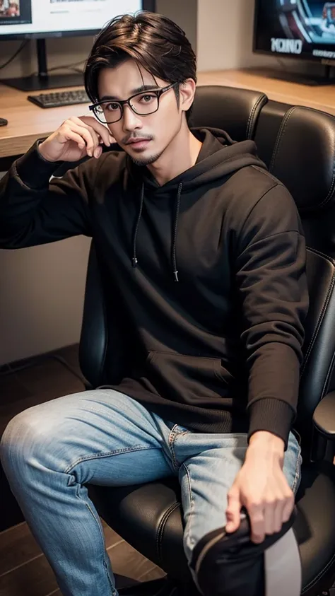 Handsome malay man, black hoodie, spectacle, sitting on gaming chair, cowboy shot, realistic, 8k