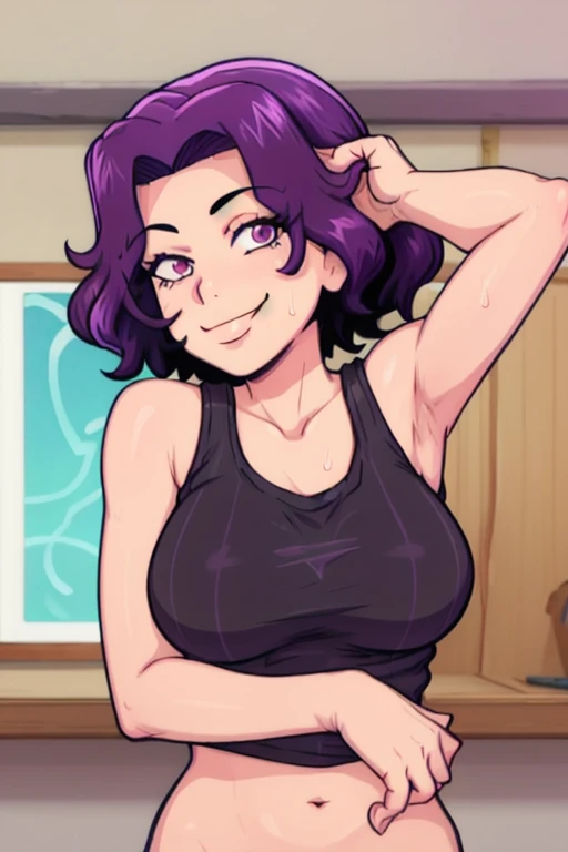 masterpiece, best quality, looking at viewer, upper body, portrait, looking at viewer, seductive smile, put your hands behind your head, armpits, armpits visible, sweaty armpits, azusa hamaoka, very large breasts, short hair, purple hair, wearing white tan...