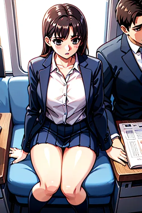 １beautiful female protagonist、year: 24、height 1cm、weight 48kg、japanese、officeワーカーの服装、black pumps、navy skirt、navy blue jacket、whi...