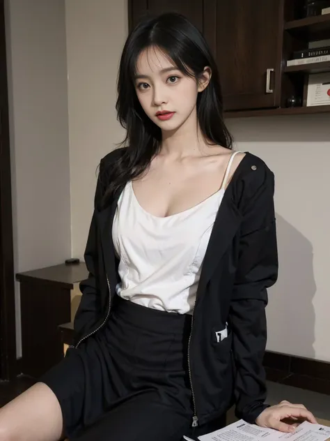 Her outfit shows maturity and sexiness。Wearing a black fitted hip dress，Perfectly outlines her curvy figure，The neckline of the skirt is just right，Revealing the charming collarbone and a small piece of white chest。Wear a dark purple long suit jacket，Adds ...